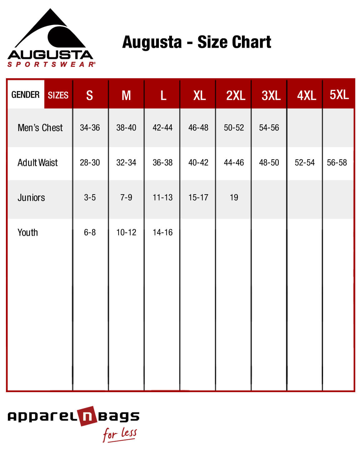 Augusta Shirt Size Chart