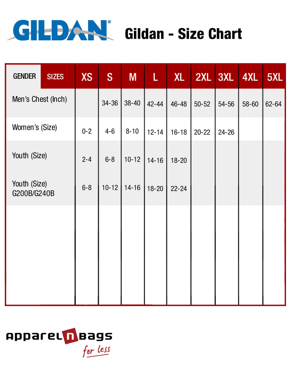 Gildan T Shirt Size Chart Chest