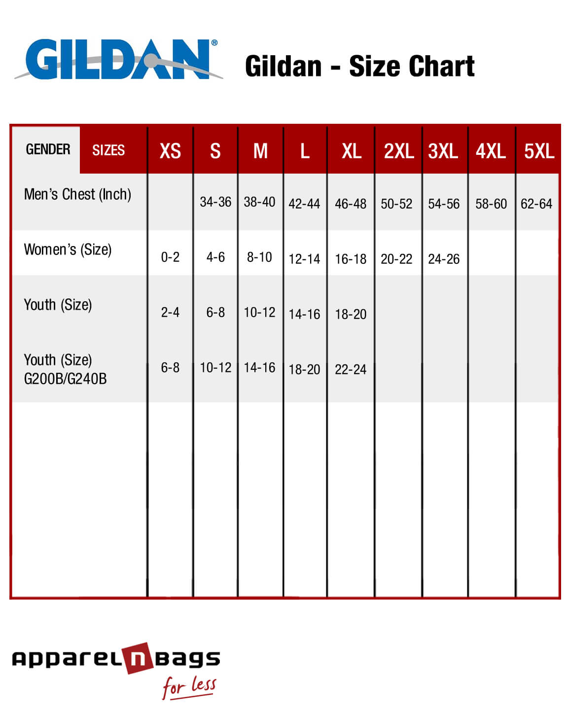 Gildan T Shirt Size Chart