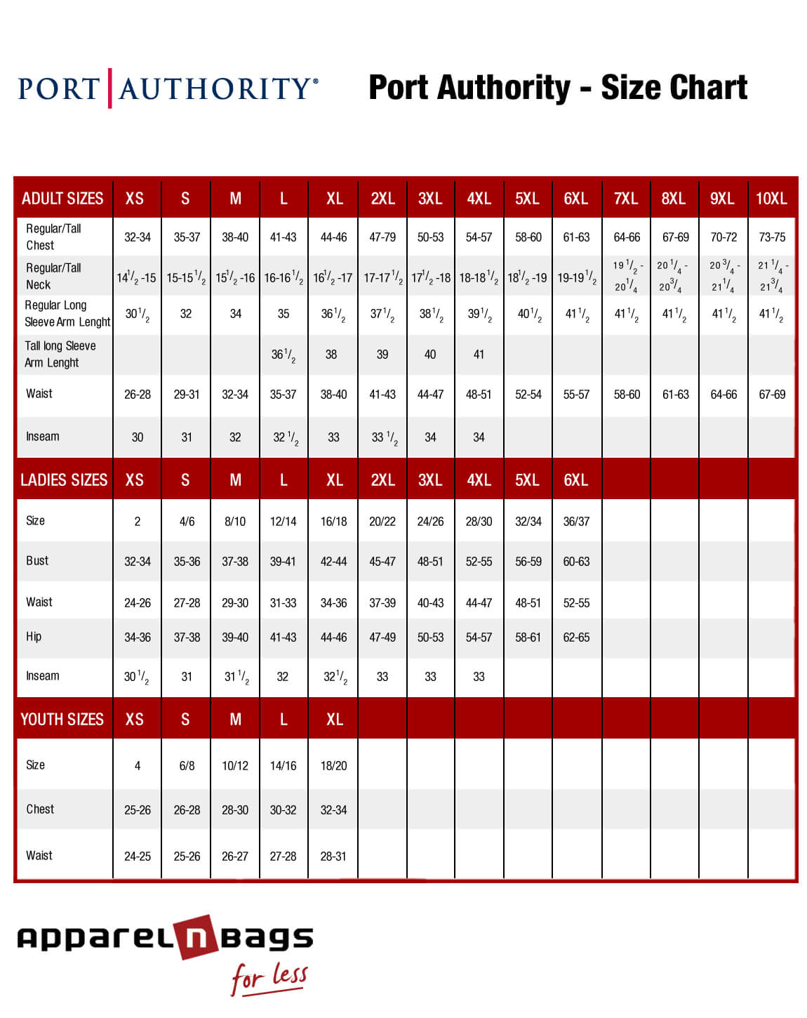 Port Authority Jacket Size Chart